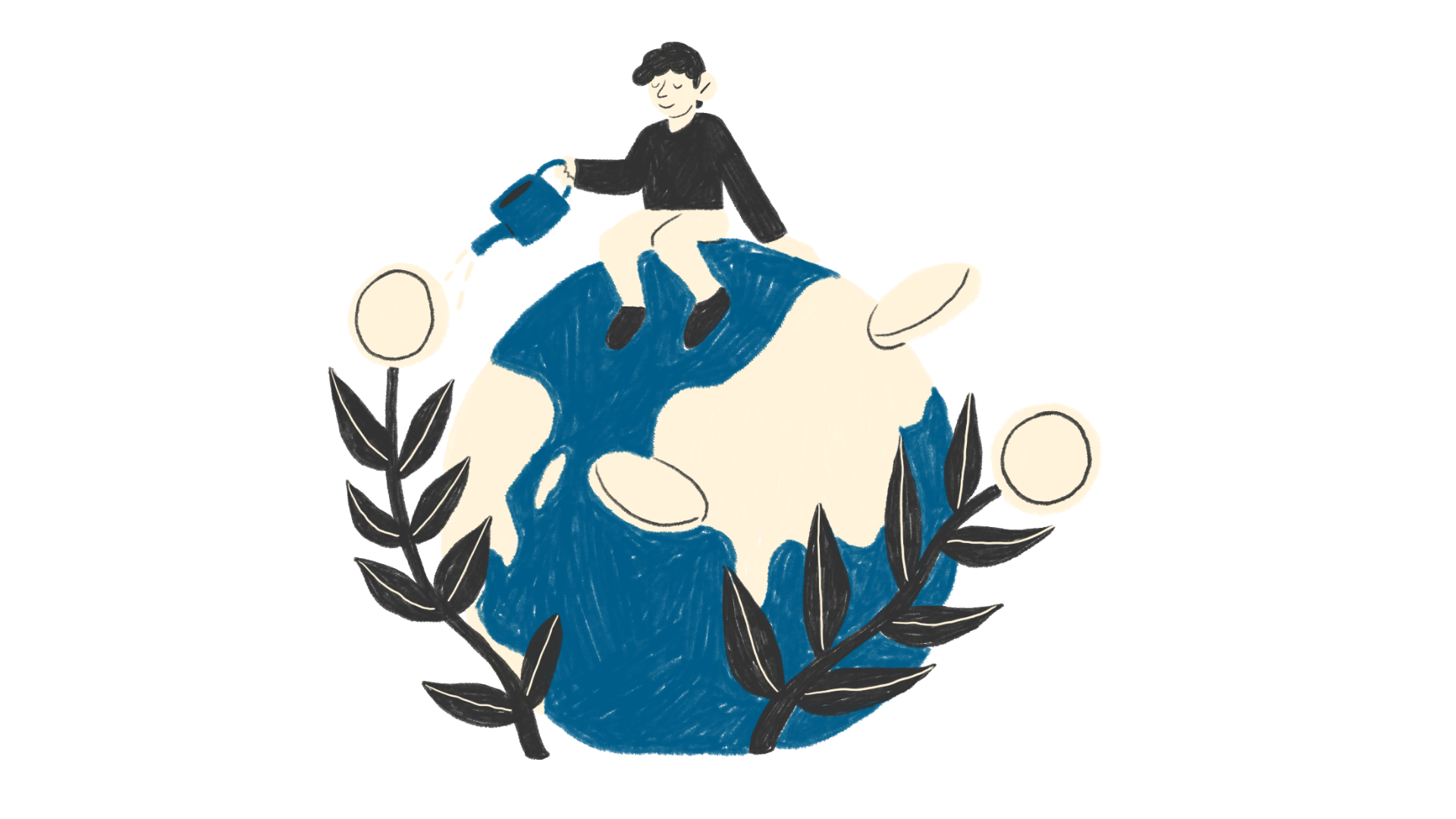 Mensch sitzt auf der Weltkugel und gießt sie.