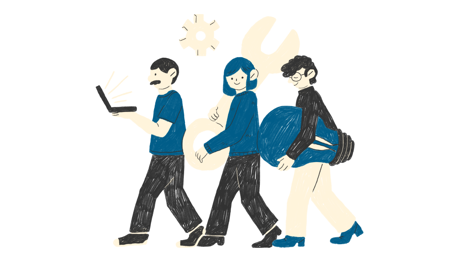 Drei Personen laufen hintereinander her und haben Arbeitswerkzeuge in den Händen